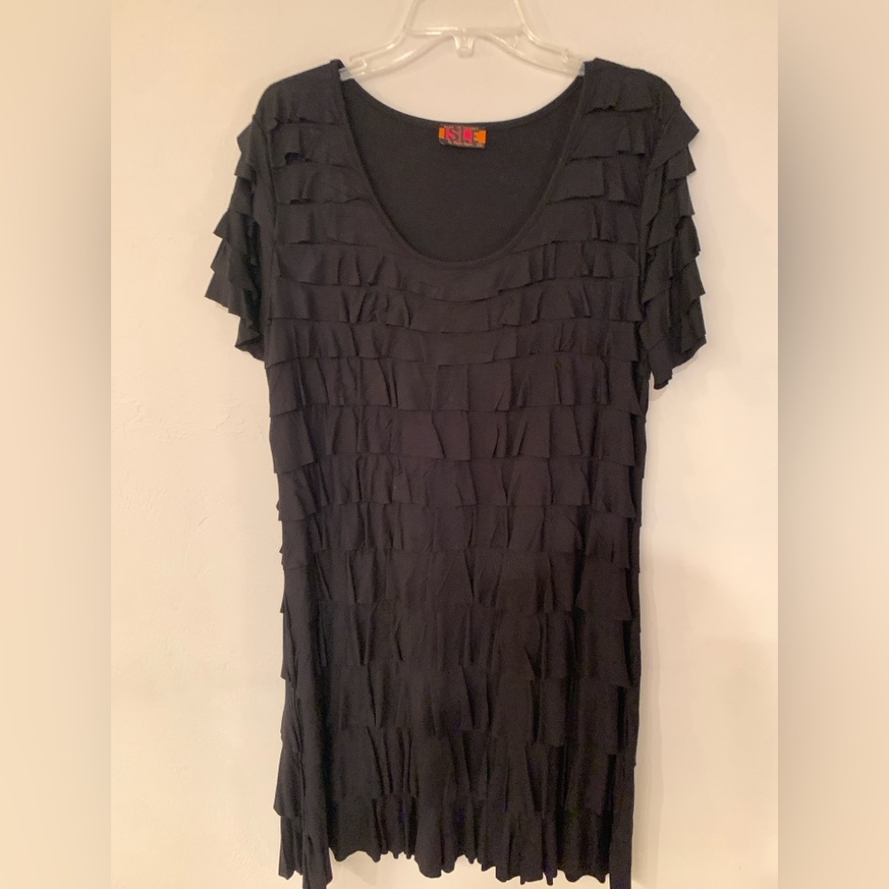 Isle by Melis Kogan Black  Layered Ruffle Short Sleeve Sheath Dress XL